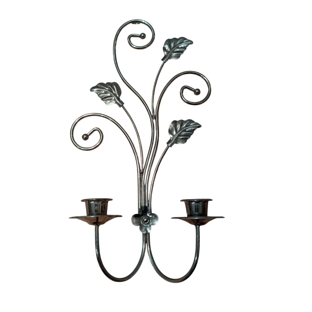 Vintage Silver Tone Metal Wall Sconce Double Taper Candle Holder Leaf Vine